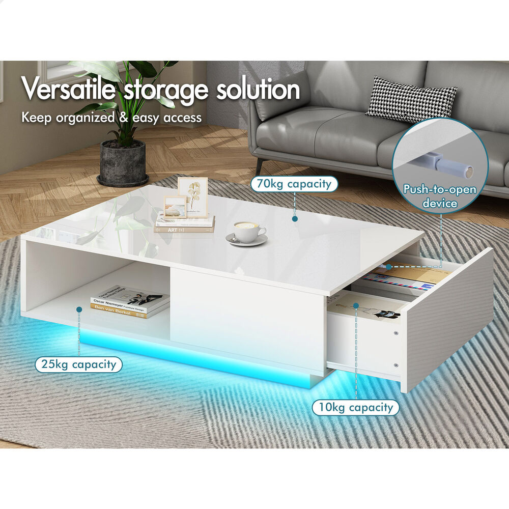 1 Drawer ALFORDSON Coffee Table LED Gloss White