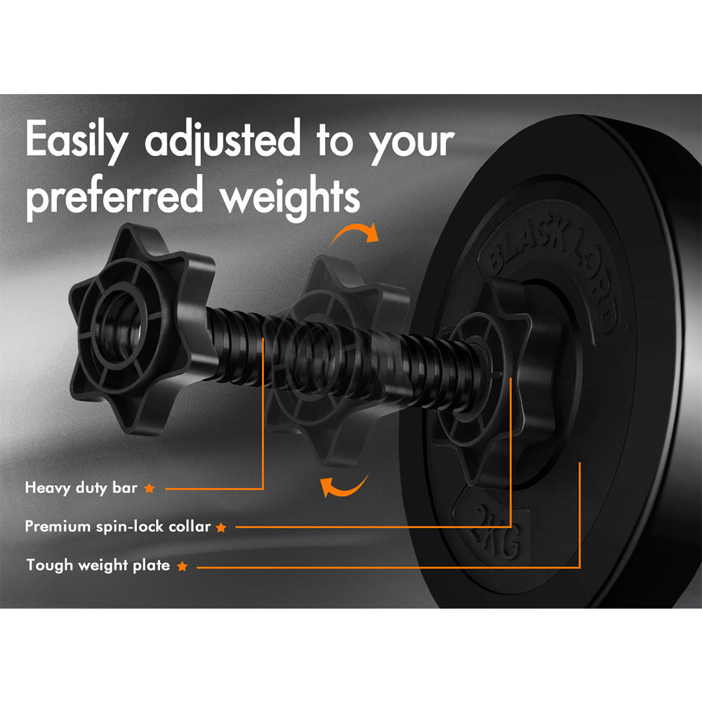 BLACK LORD 25KG Adjustable Dumbbell Set Rubber Weight Plates Lifting Bench
