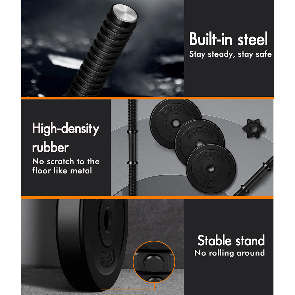 BLACK LORD 30KG Adjustable Dumbbell Set Rubber Weight Plates Lifting Bench Black