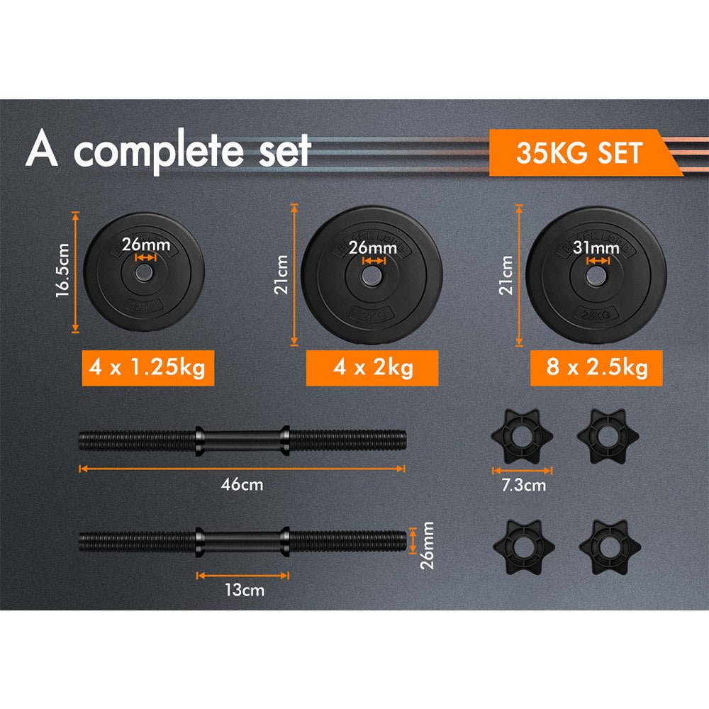 BLACK LORD 35KG Adjustable Dumbbell Set Rubber Weight Plates Lifting Bench Black