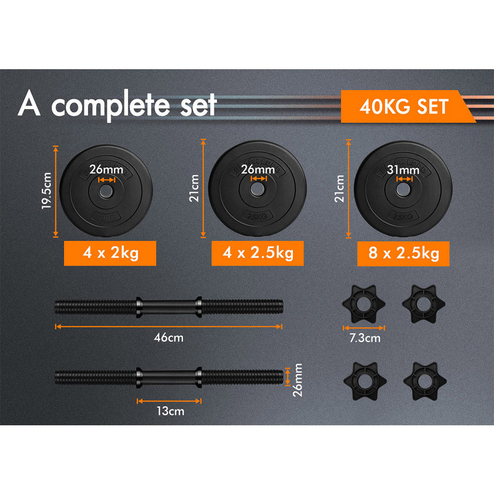 BLACK LORD 40KG Adjustable Dumbbell Set Rubber Weight Plates Lifting Bench