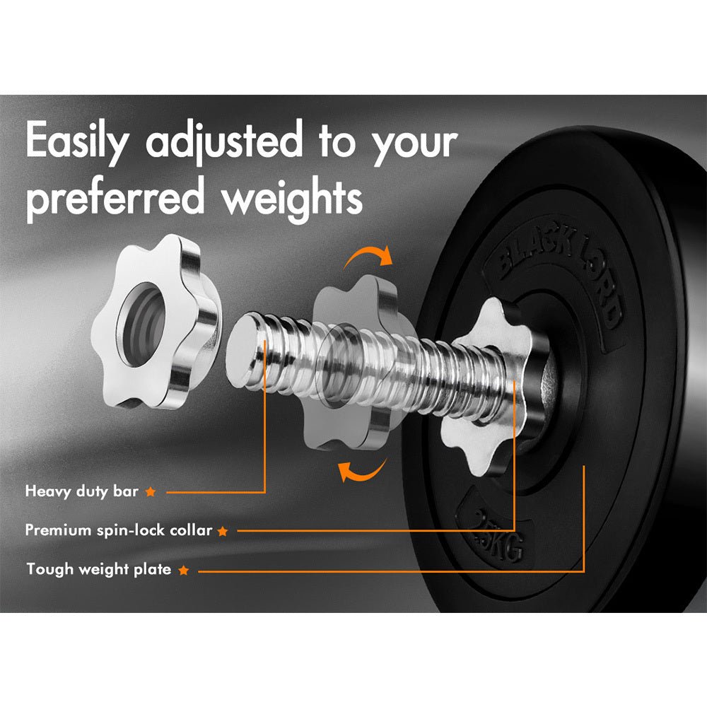 BLACK LORD 25KG Adjustable Dumbbell Set Rubber Plates Weight Lifting Bench