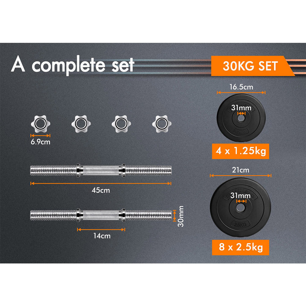 BLACK LORD 30KG Adjustable Dumbbell Set Rubber Weight Plates Lifting Bench
