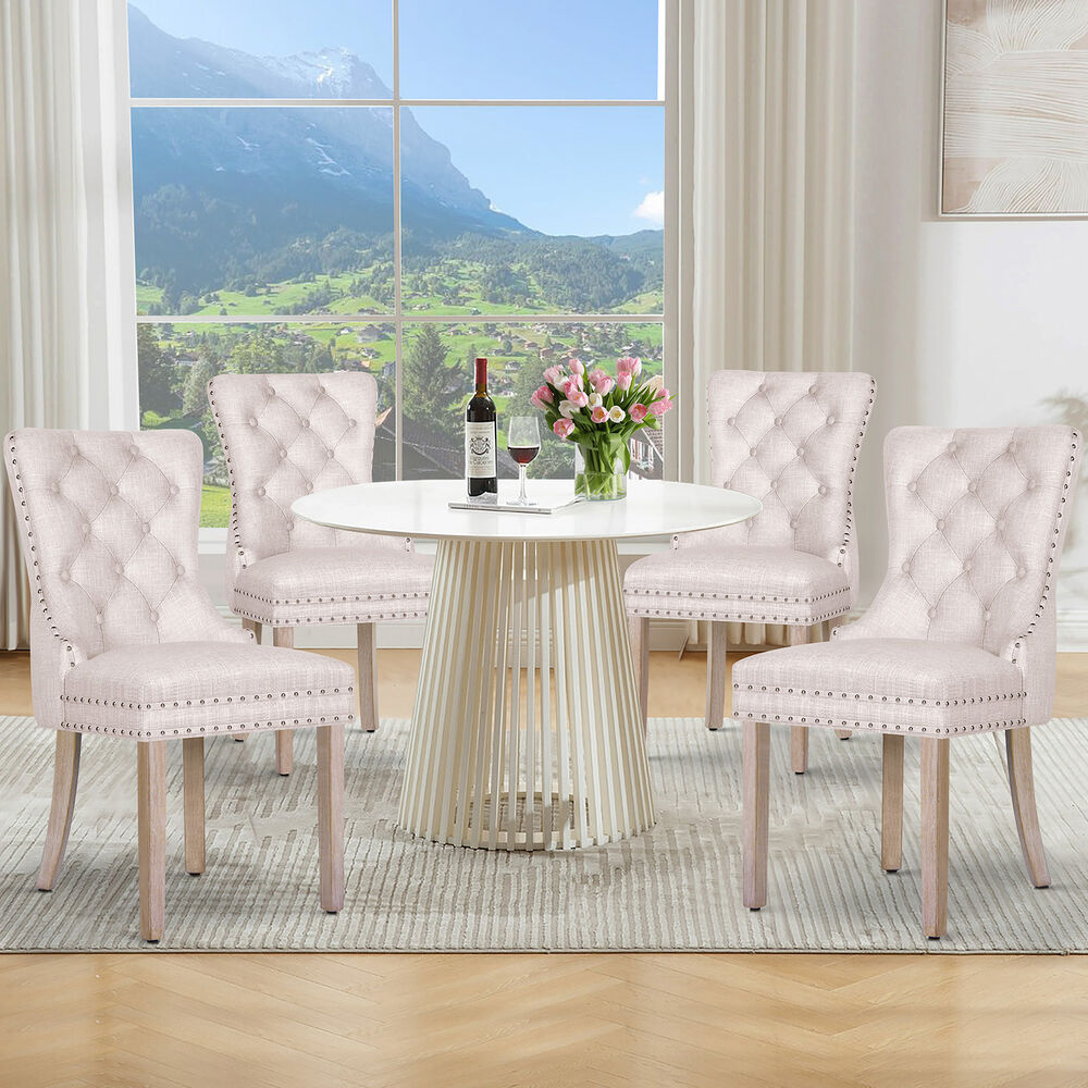 ALFORDSON 4x Dining Chair Kitchen Lounge Retro Button Tufted Wooden Fabric Beige