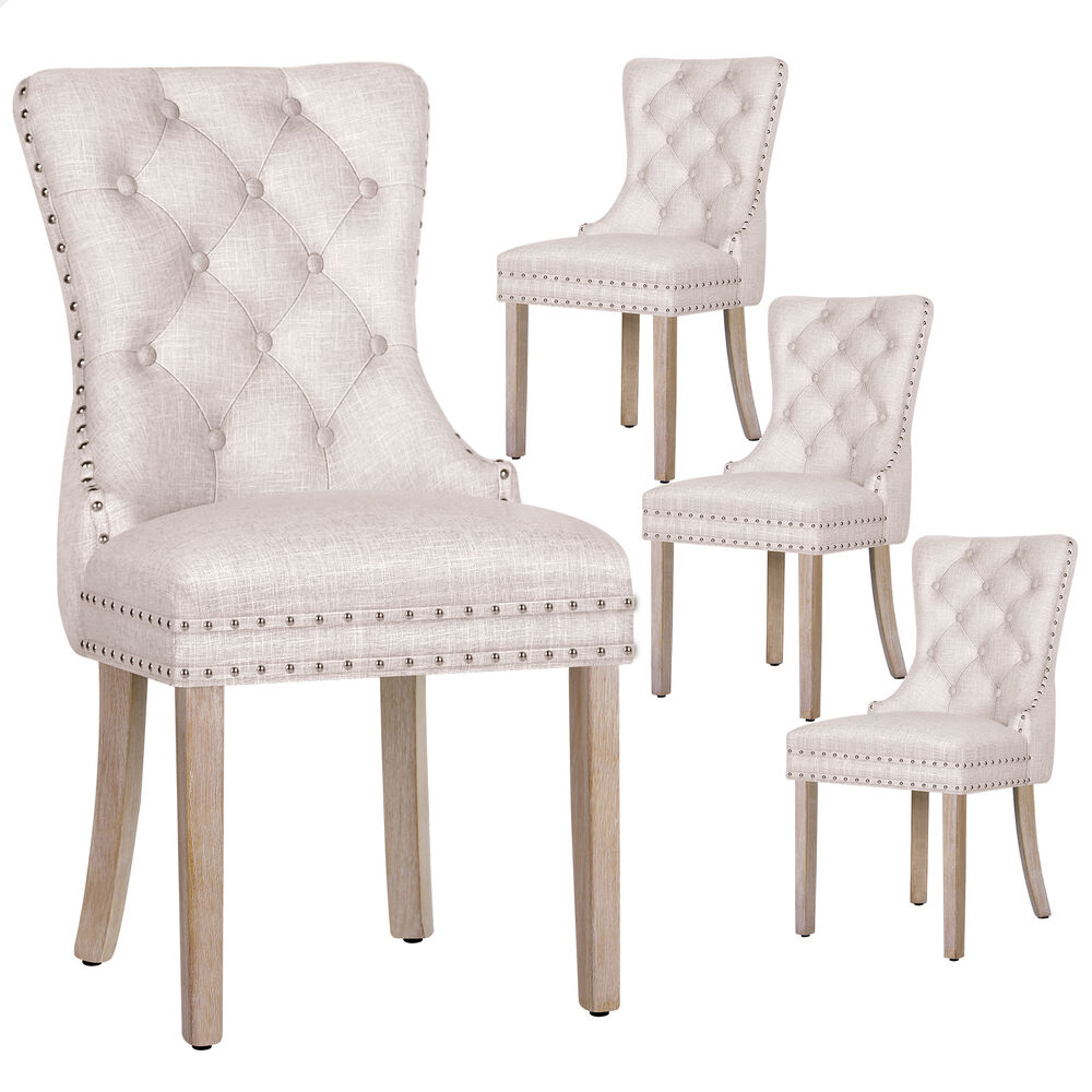 ALFORDSON 4x Dining Chair Kitchen Lounge Retro Button Tufted Wooden Fabric Beige
