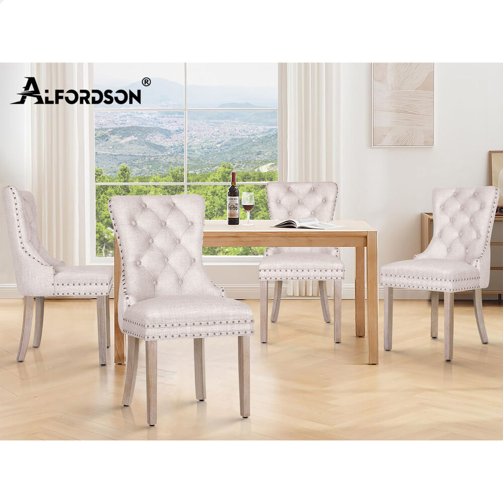 ALFORDSON 4x Dining Chair Kitchen Lounge Retro Button Tufted Wooden Fabric Beige
