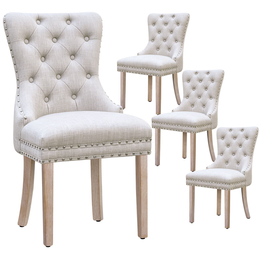 ALFORDSON 4x Dining Chair Kitchen Lounge Retro Button Tufted Wooden Fabric Beige