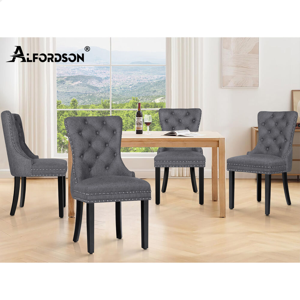 ALFORDSON 4x Dining Chair Kitchen Lounge Retro Button Tufted Wooden Fabric Grey