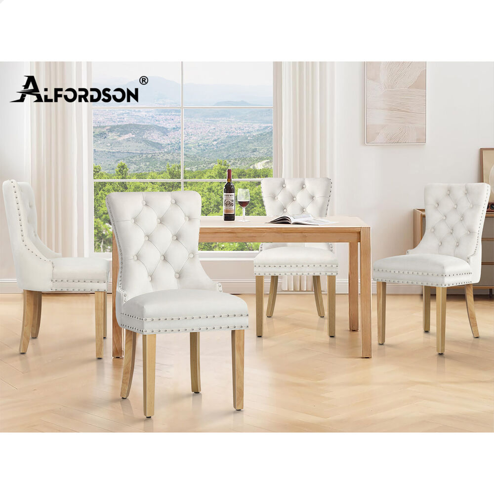 ALFORDSON 2x Dining Chair Kitchen Lounge Retro Button Tufted Wooden Velvet Beige