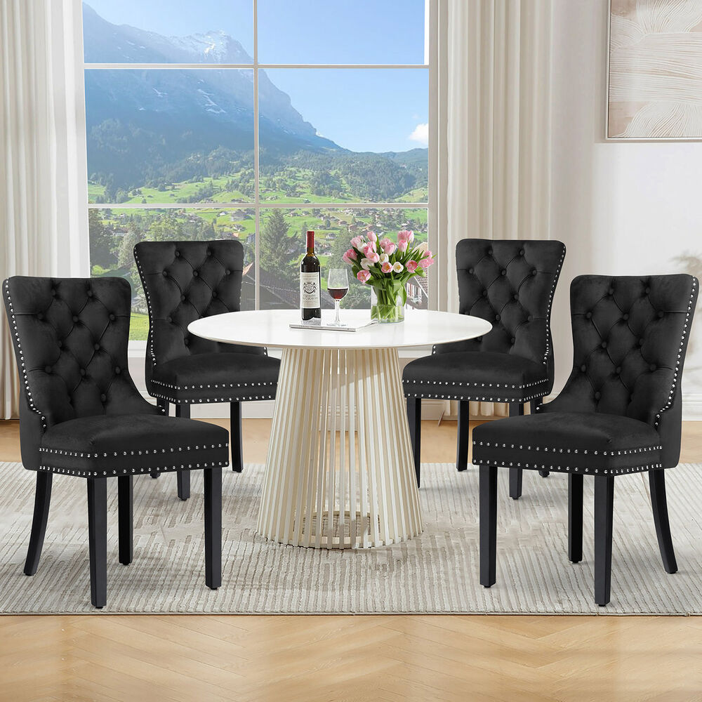 ALFORDSON 4x Dining Chair Kitchen Lounge Retro Button Tufted Wooden Velvet Black