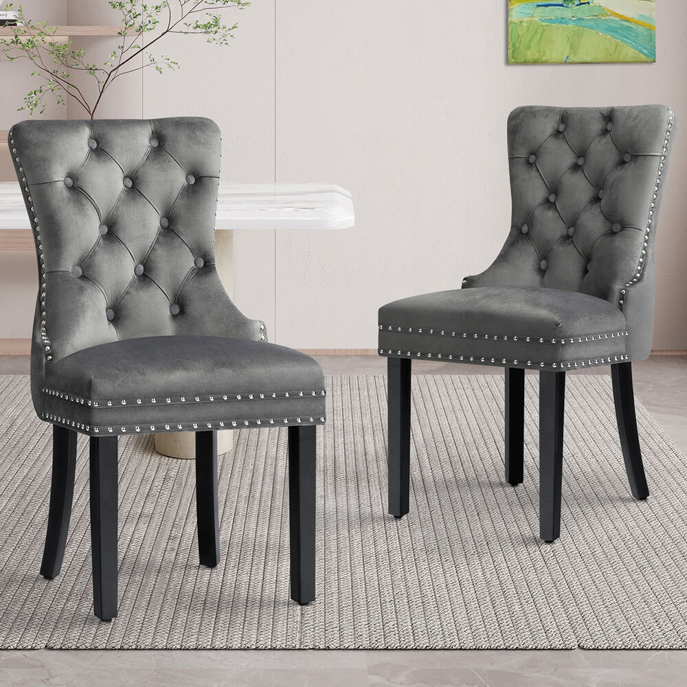 ALFORDSON 2x Dining Chair Kitchen Lounge Retro Button Tufted Wooden Velvet Grey