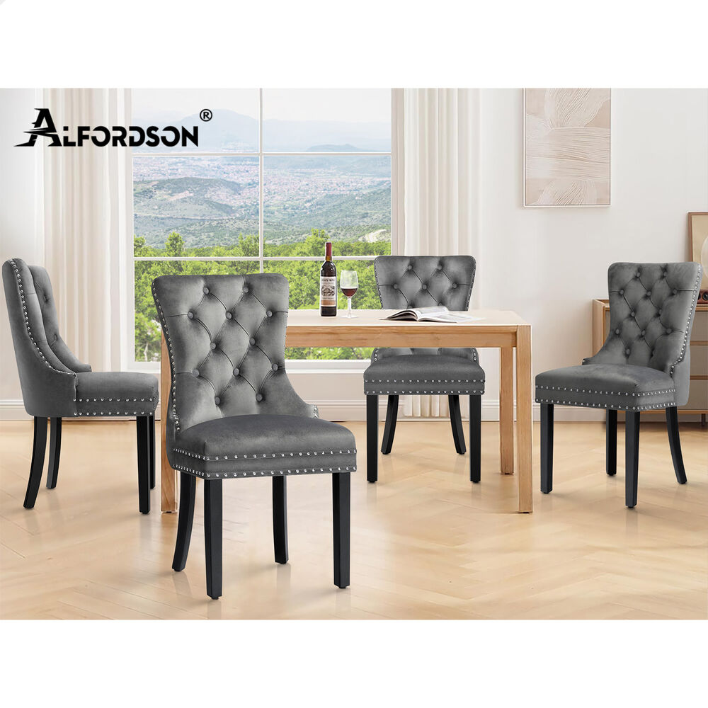 ALFORDSON 4x Dining Chair Kitchen Lounge Retro Button Tufted Wooden Velvet Grey