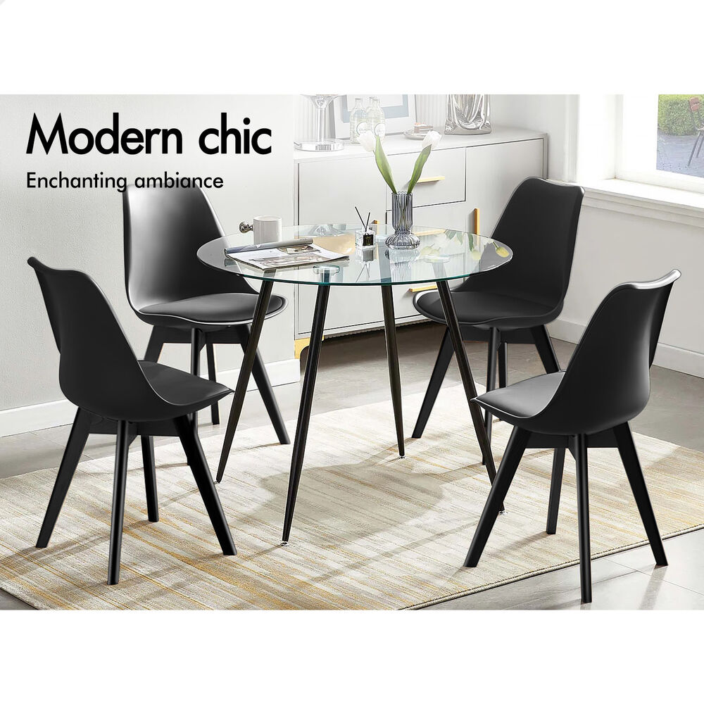 ALFORDSON 4x Dining Chairs Padding Retro PU Leather Kitchen Lounge Wooden Black