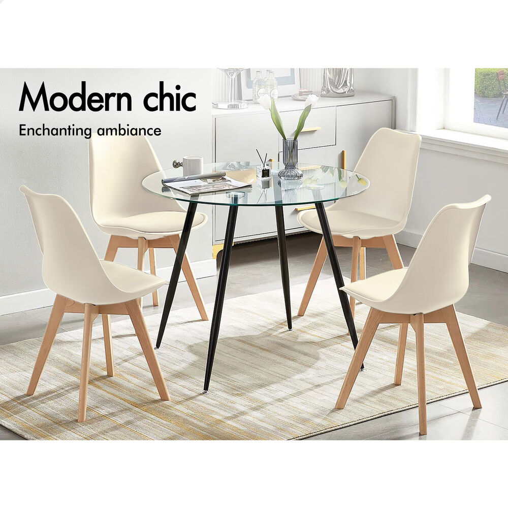 ALFORDSON 4x Dining Chairs Padding Retro PU Leather Kitchen Lounge Wooden Beige