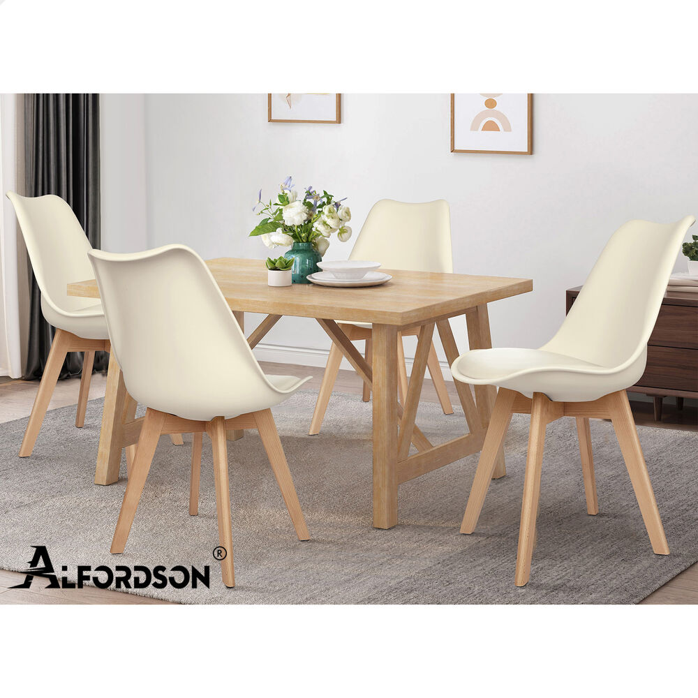 ALFORDSON 4x Dining Chairs Padding Retro PU Leather Kitchen Lounge Wooden Beige