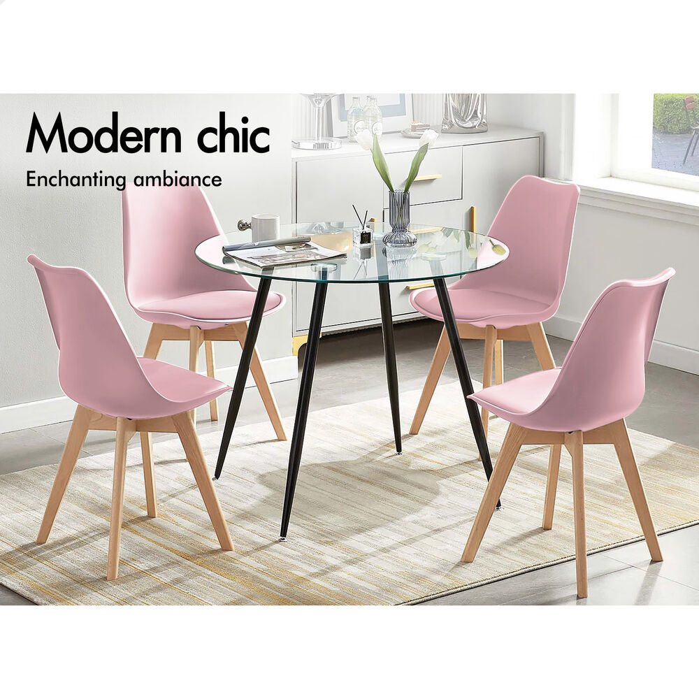ALFORDSON 4x Dining Chairs Padding Retro PU Leather Kitchen Lounge Wooden Pink