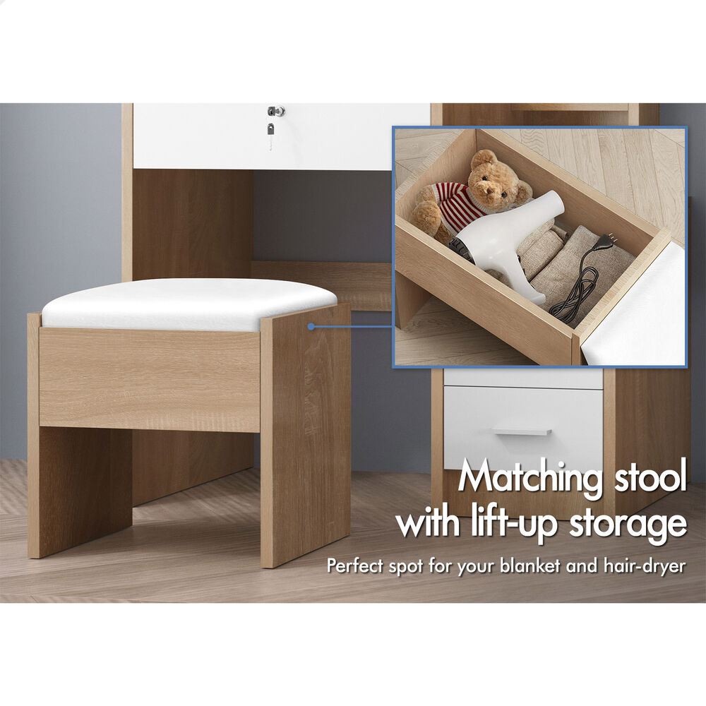 ALFORDSON Dressing Table Set Stool Side Cabinet Oak