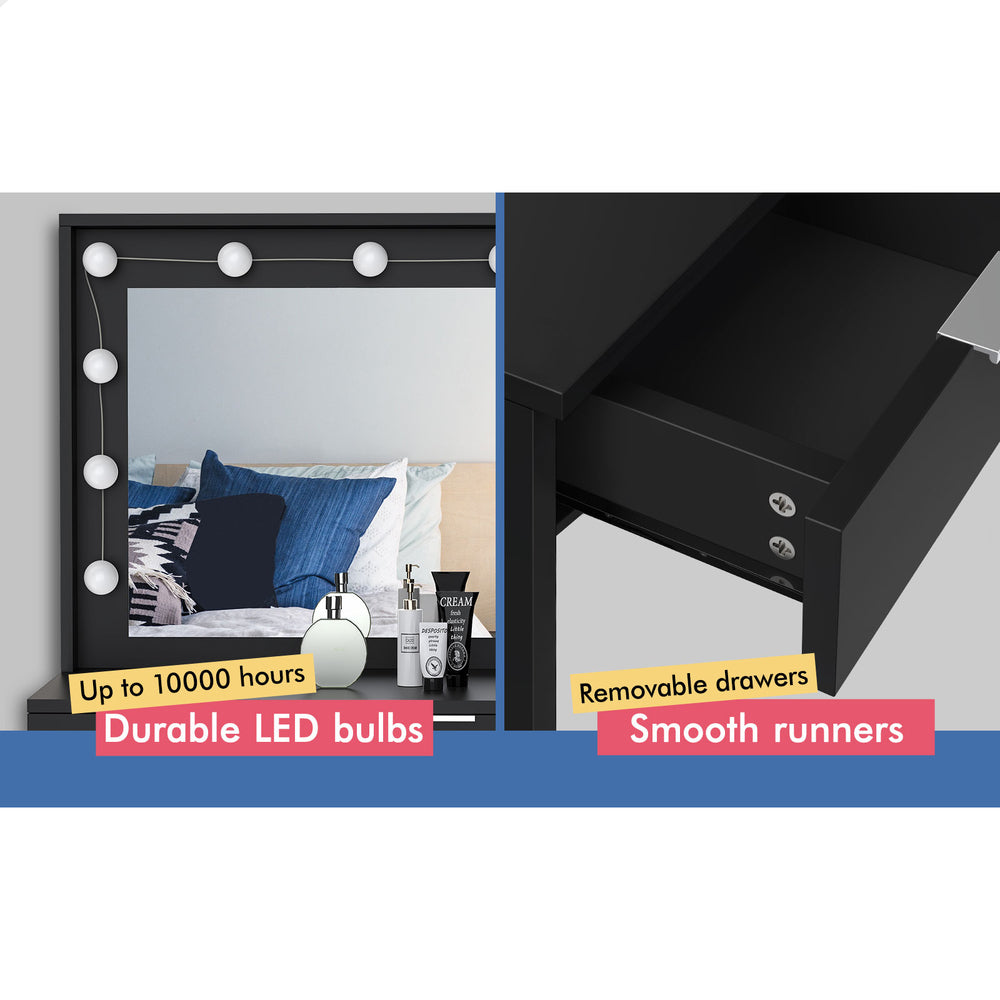 ALFORDSON Dressing Table Stool Set Makeup Mirror Desk 12 LED Bulbs Black