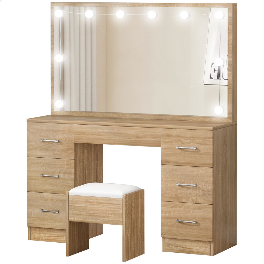 ALFORDSON Dressing Table Stool Set Makeup Mirror Desk LED 10 Bulbs Wood