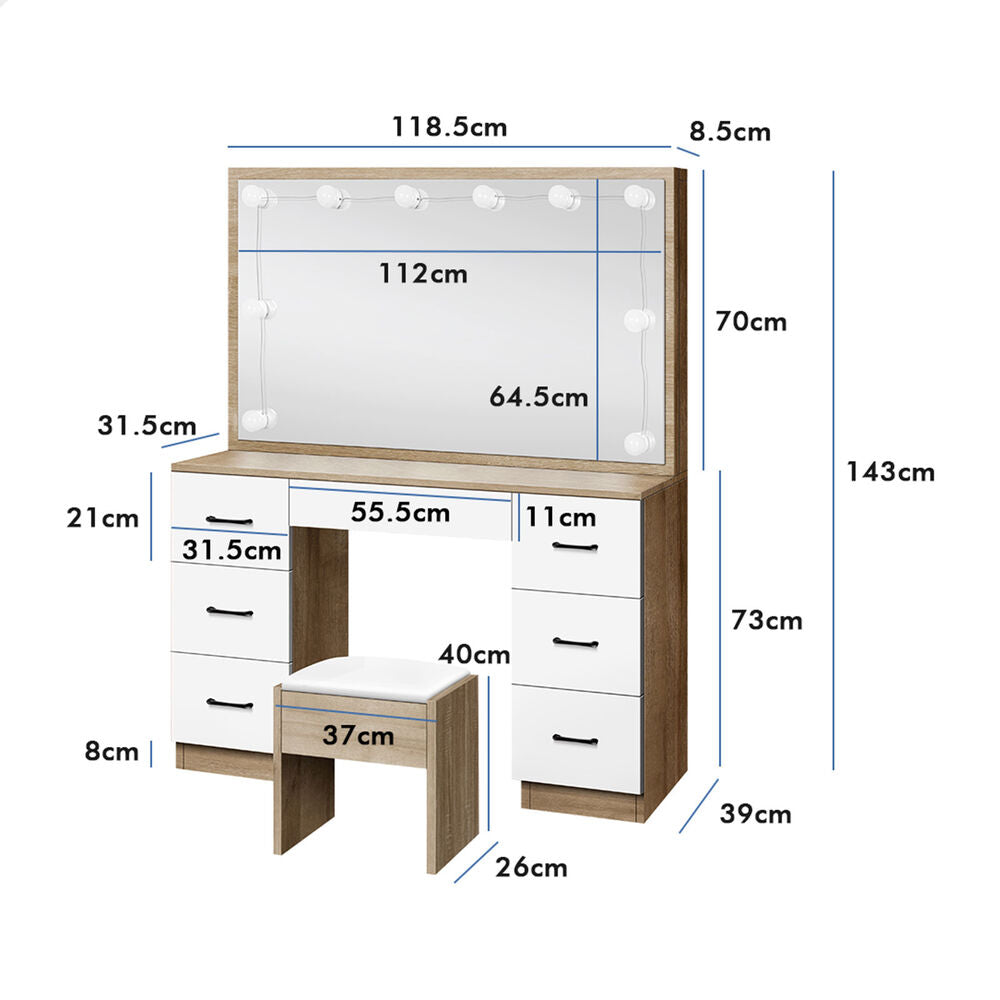 ALFORDSON Dressing Table Stool Set Makeup Mirror Desk LED 10 Bulbs Oak