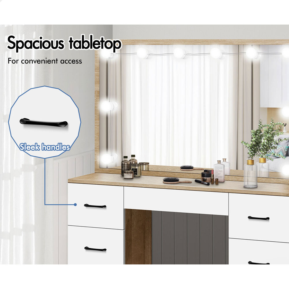 ALFORDSON Dressing Table Stool Set Makeup Mirror Desk LED 10 Bulbs Oak