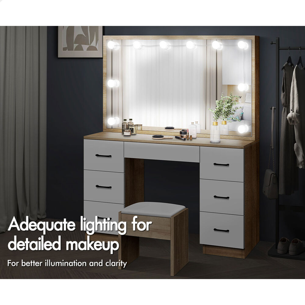 ALFORDSON Dressing Table Stool Set Makeup Mirror Desk LED 10 Bulbs Oak