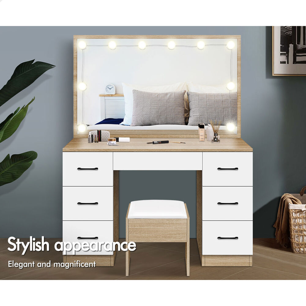 ALFORDSON Dressing Table Stool Set Makeup Mirror Desk LED 10 Bulbs Oak