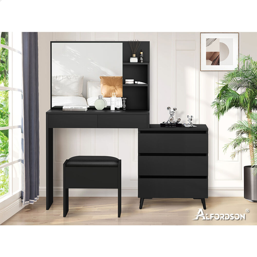 ALFORDSON Dressing Table Stool Set Makeup Mirror Desk Storage Cabinet Black