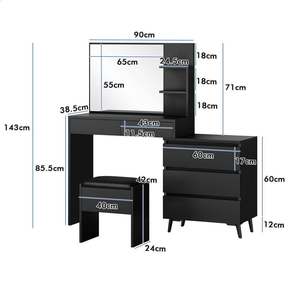 ALFORDSON Dressing Table Stool Set Makeup Mirror Desk Storage Cabinet Black