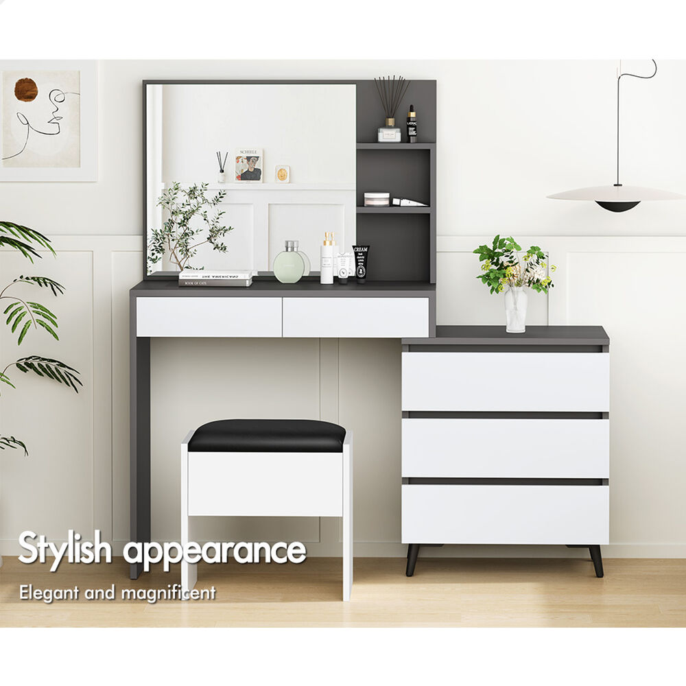 ALFORDSON Dressing Table Stool Set Makeup Mirror Desk Storage Cabinet Grey