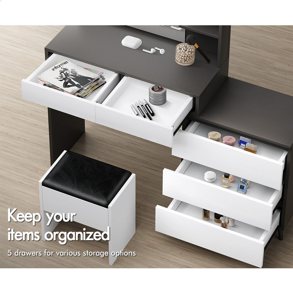 ALFORDSON Dressing Table Stool Set Makeup Mirror Desk Storage Cabinet Grey