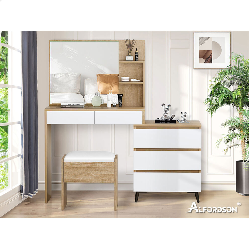 ALFORDSON Dressing Table Stool Set Makeup Mirror Desk Storage Cabinet Wood