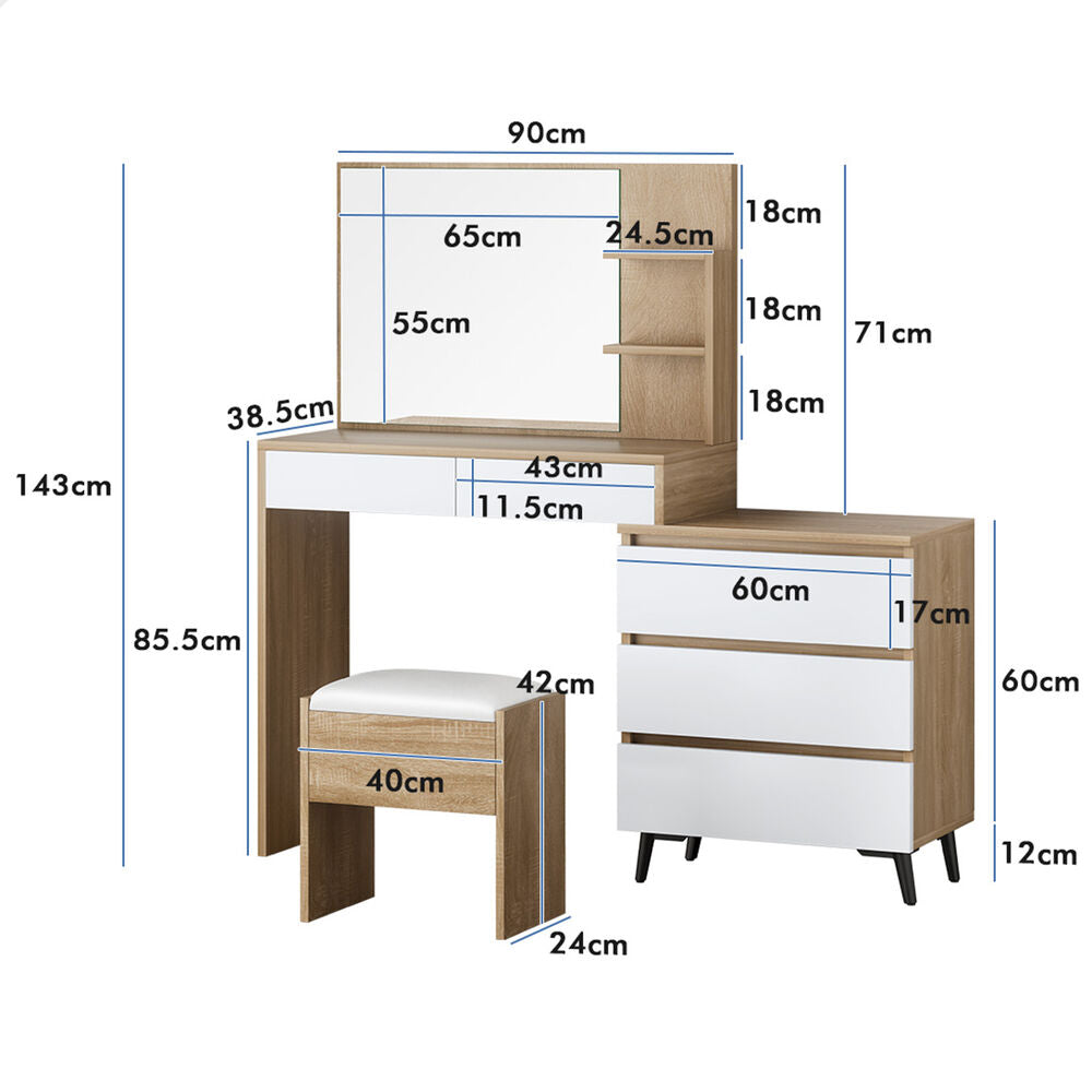 ALFORDSON Dressing Table Stool Set Makeup Mirror Desk Storage Cabinet Wood