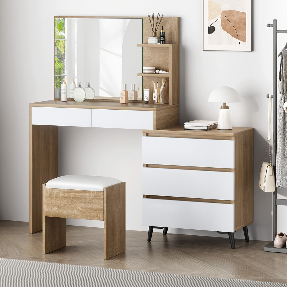 ALFORDSON Dressing Table Stool Set Makeup Mirror Desk Storage Cabinet Wood