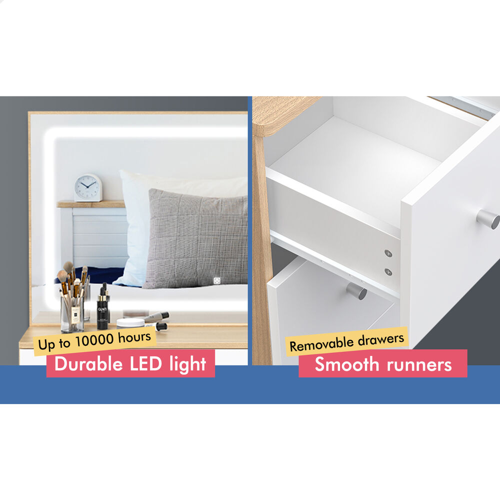 ALFORDSON Dressing Table Stool Set Makeup Mirror LED Vanity Desk 7 Drawers Wood