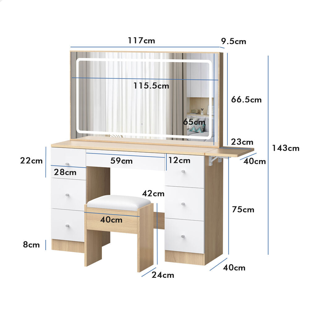 ALFORDSON Dressing Table Stool Set Makeup Mirror LED Vanity Desk 7 Drawers Wood
