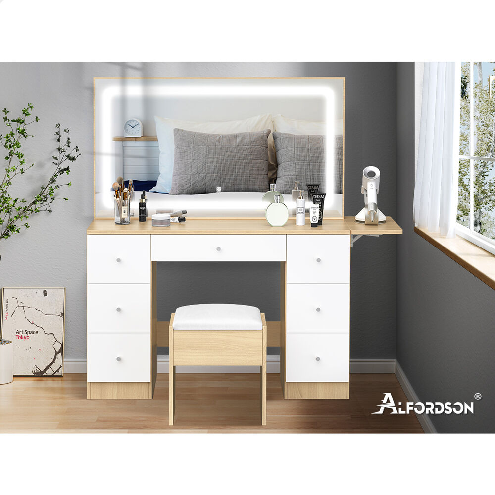 ALFORDSON Dressing Table Stool Set Makeup Mirror LED Vanity Desk 7 Drawers Wood