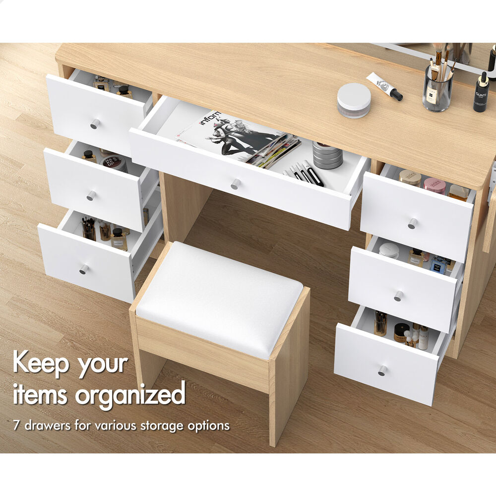 ALFORDSON Dressing Table Stool Set Makeup Mirror LED Vanity Desk 7 Drawers Wood