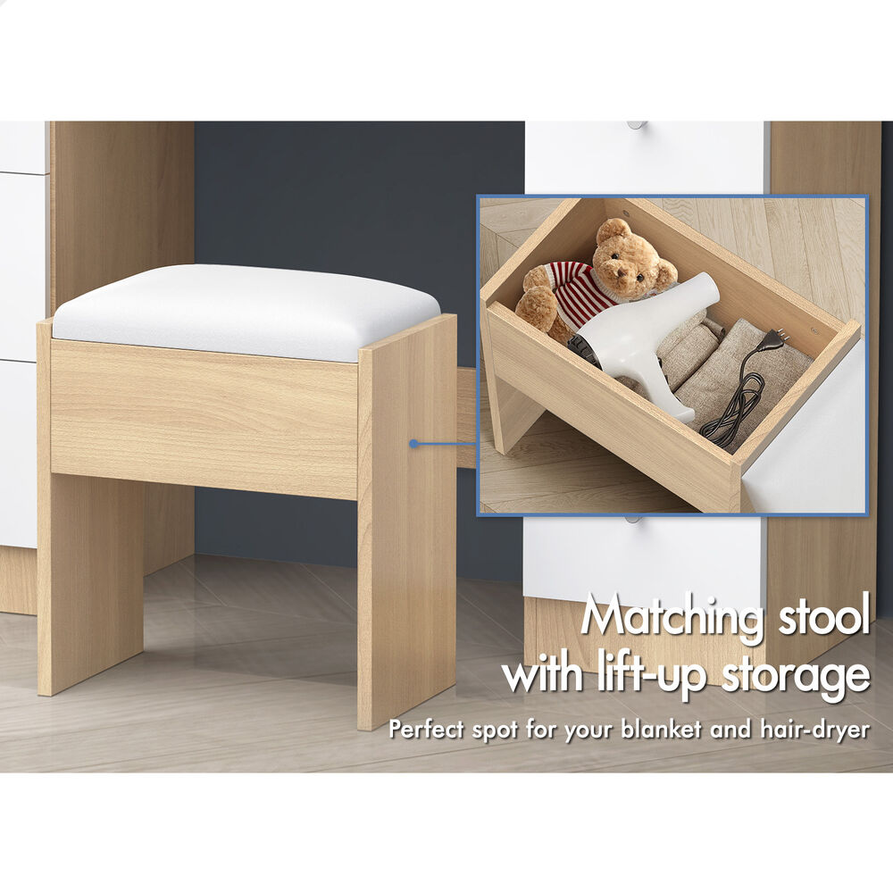 ALFORDSON Dressing Table Stool Set Makeup Mirror LED Vanity Desk 7 Drawers Wood