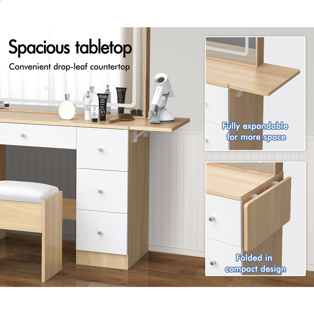 ALFORDSON Dressing Table Stool Set Makeup Mirror LED Vanity Desk 7 Drawers Wood
