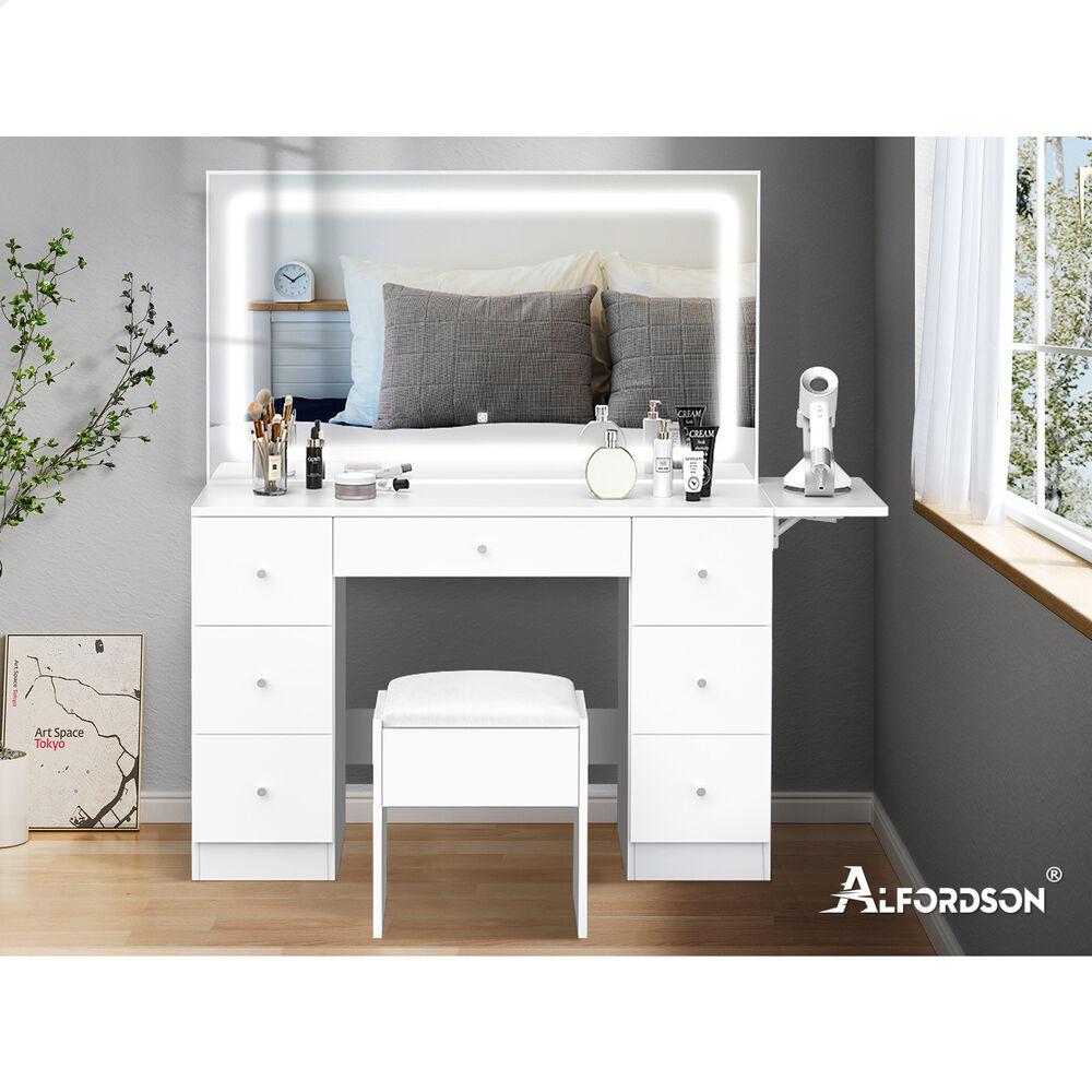 ALFORDSON Dressing Table Stool Set Makeup Mirror LED Vanity Desk 7 Drawers White
