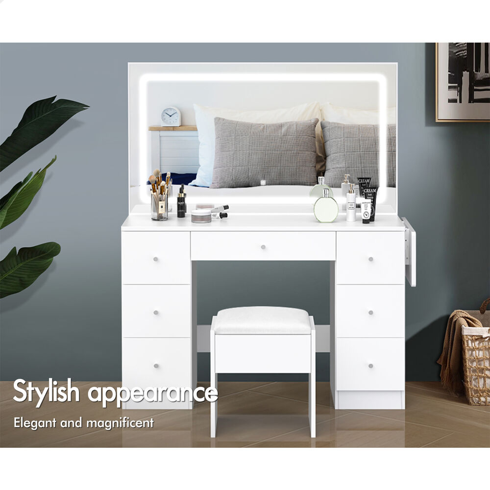 ALFORDSON Dressing Table Stool Set Makeup Mirror LED Vanity Desk 7 Drawers White