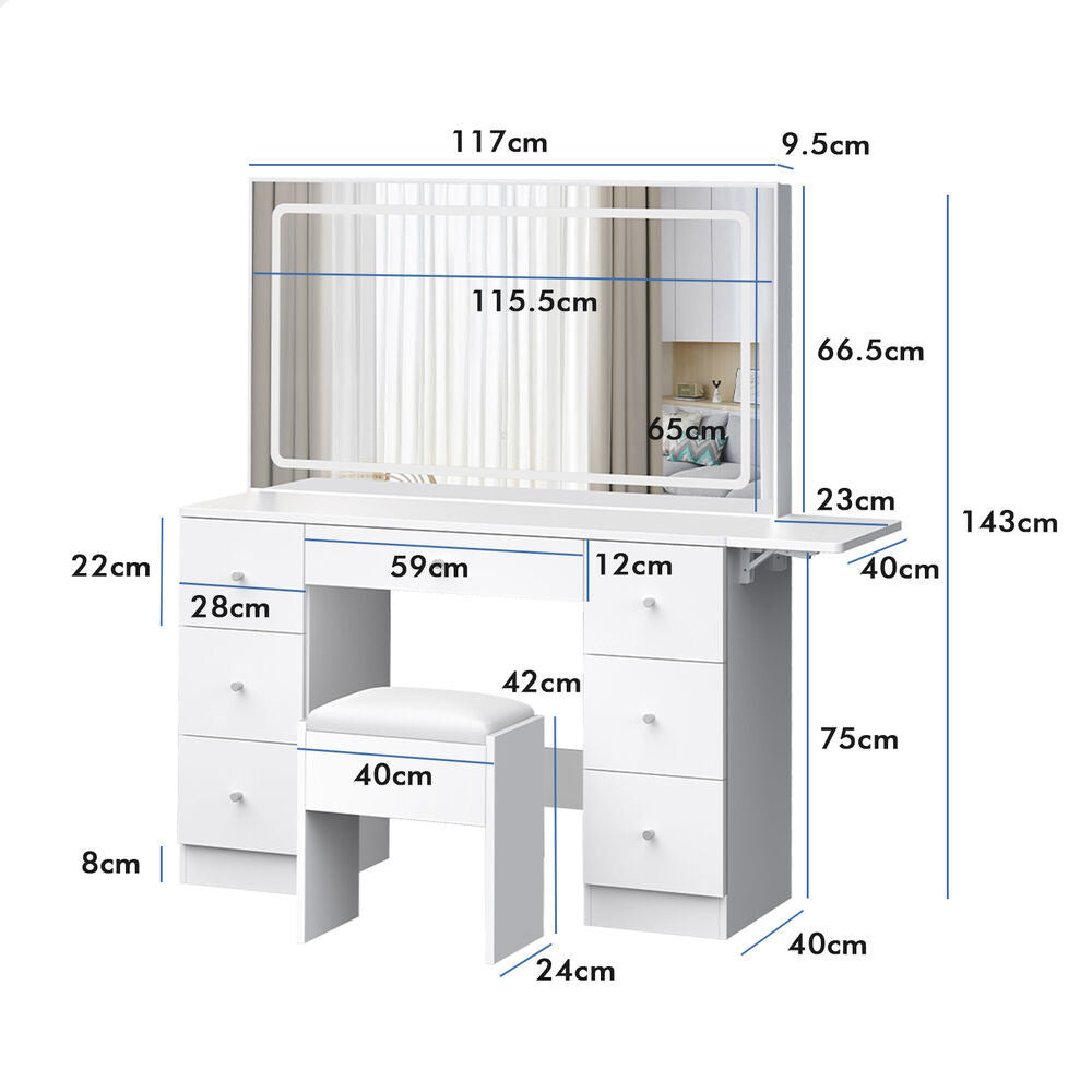 ALFORDSON Dressing Table Stool Set Makeup Mirror LED Vanity Desk 7 Drawers White
