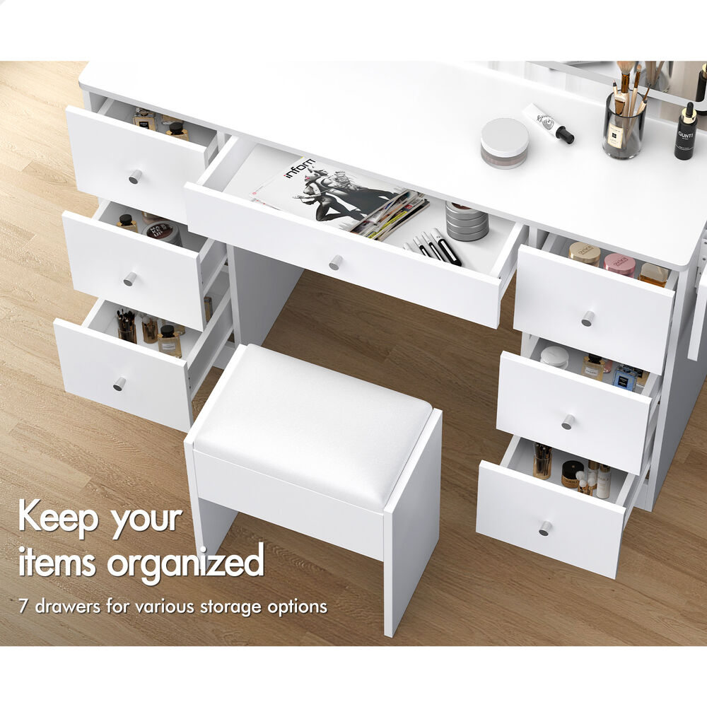 ALFORDSON Dressing Table Stool Set Makeup Mirror LED Vanity Desk 7 Drawers White