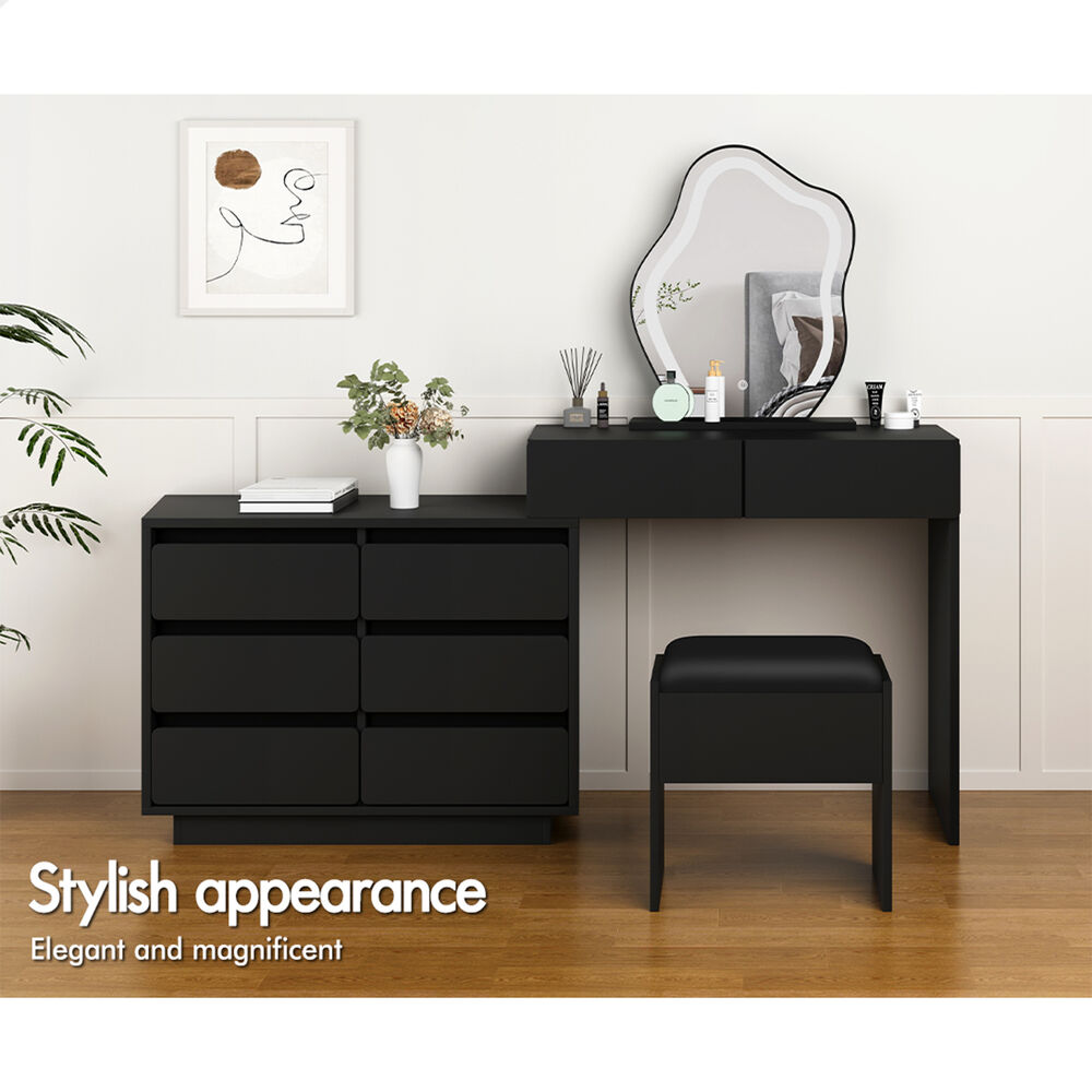 ALFORDSON Dressing Table Stool Set Makeup Mirror Desk LED 8 Drawers Black