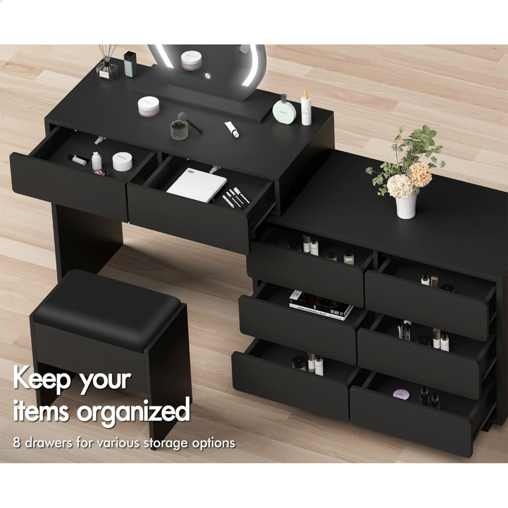 ALFORDSON Dressing Table Stool Set Makeup Mirror Desk LED 8 Drawers Black