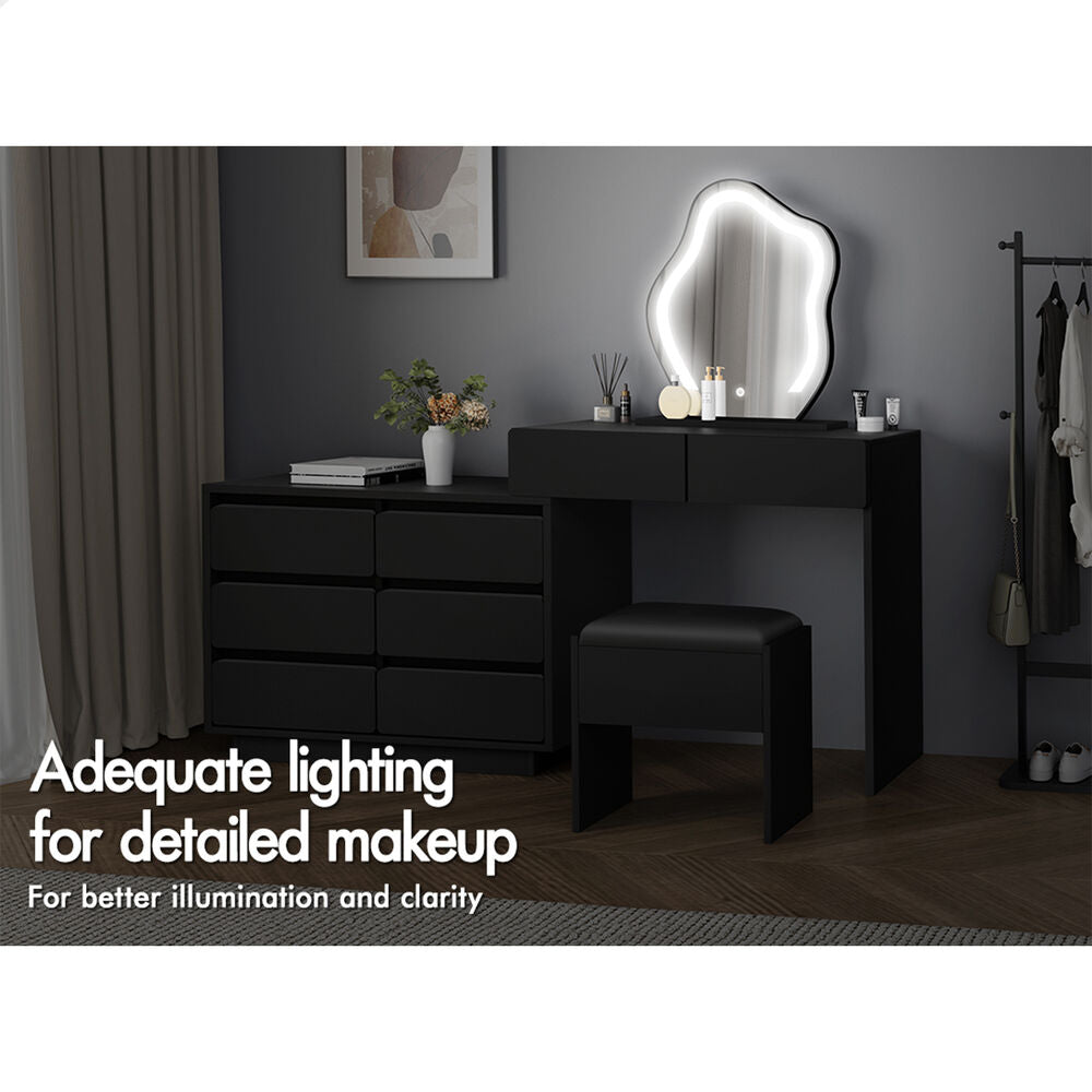 ALFORDSON Dressing Table Stool Set Makeup Mirror Desk LED 8 Drawers Black