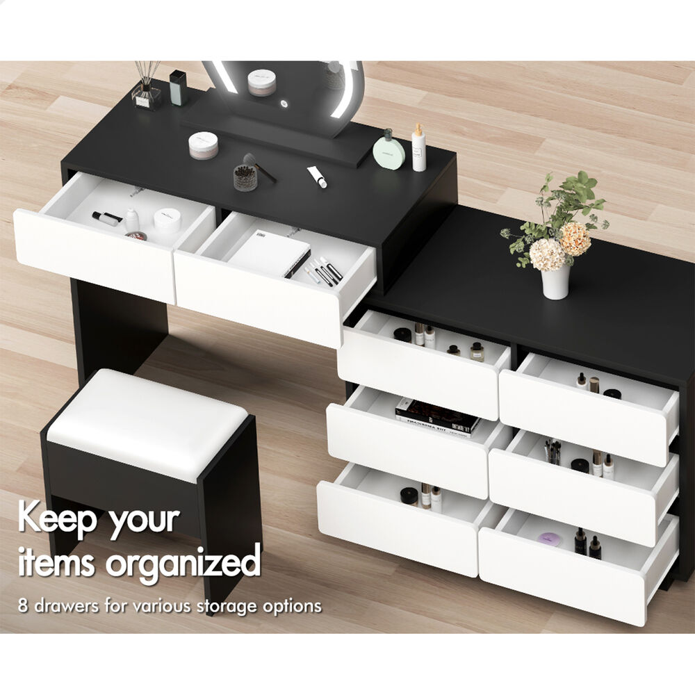 ALFORDSON Dressing Table Stool Set Makeup Mirror Desk LED 8 Drawers Black White