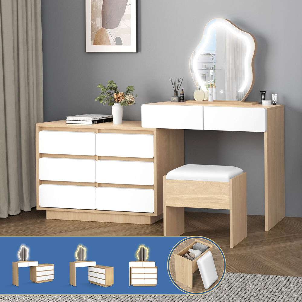 ALFORDSON Dressing Table Stool Set Makeup Mirror Desk LED 8 Drawers Oak