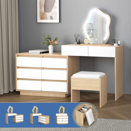 ALFORDSON Dressing Table Stool Set Makeup Mirror Desk LED 8 Drawers Oak